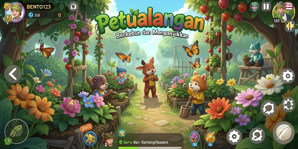 Tampilan gameplay BENTO123 dengan kebun yang subur dan tanaman beragam.