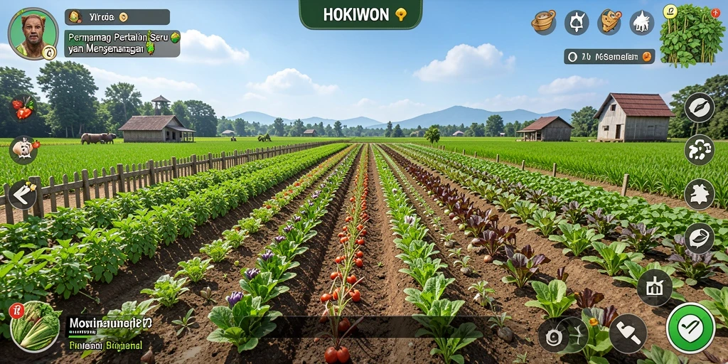 Tampilan gameplay HOKIWON dengan aktivitas bertani.