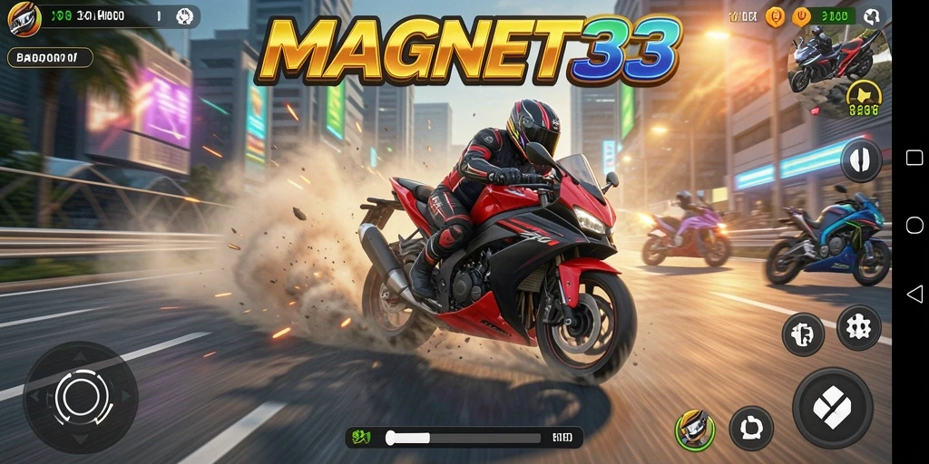 Screenshot utama gameplay MAGNET33 menampilkan balapan motor yang intens.