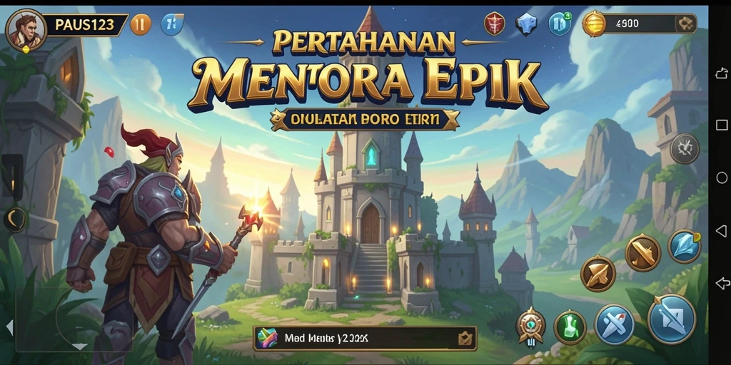 Screenshot PAUS123 menampilkan gameplay yang menegangkan dalam pertahanan menara.