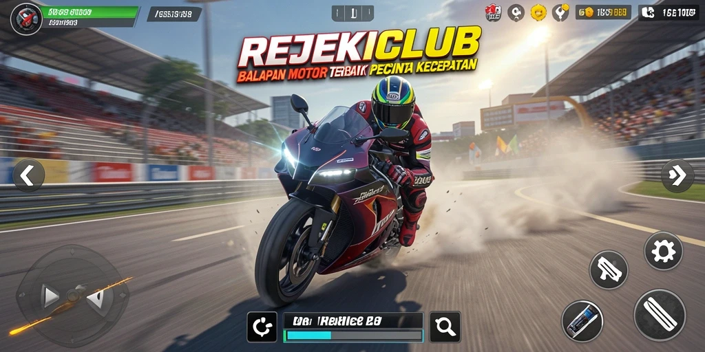Screenshot gameplay REJEKICLUB menampilkan aksi balap motor yang seru.