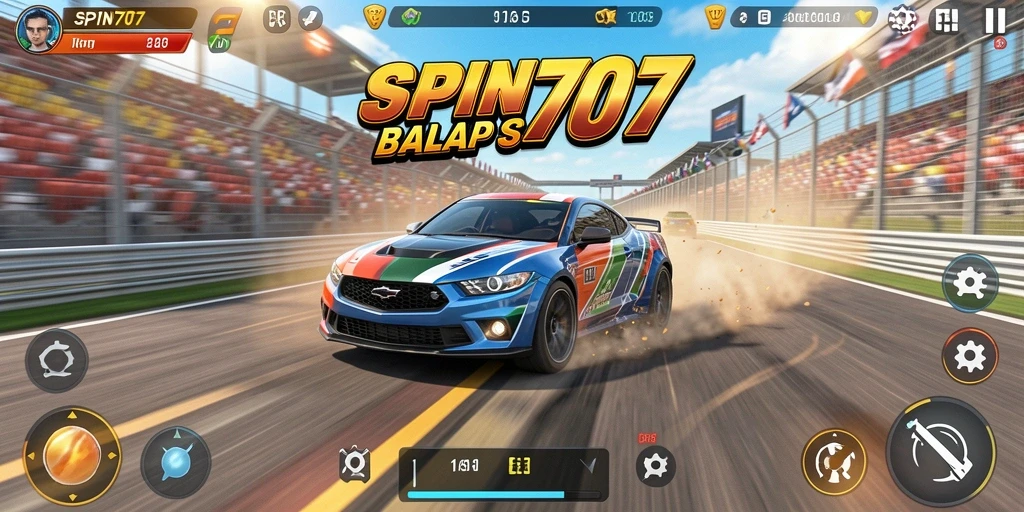 Tampilan balapan intens di SPIN707 saat mobil melaju kencang di trek.